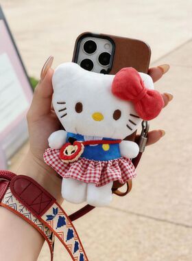日本官方正品正版旗舰kitty毛绒公仔手机背夹斜跨绳可调节长挂绳