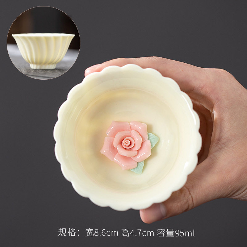 陶瓷茶杯家用粉色女士主人杯手工捏花茶杯品茗杯花瓣茶盏单杯礼盒