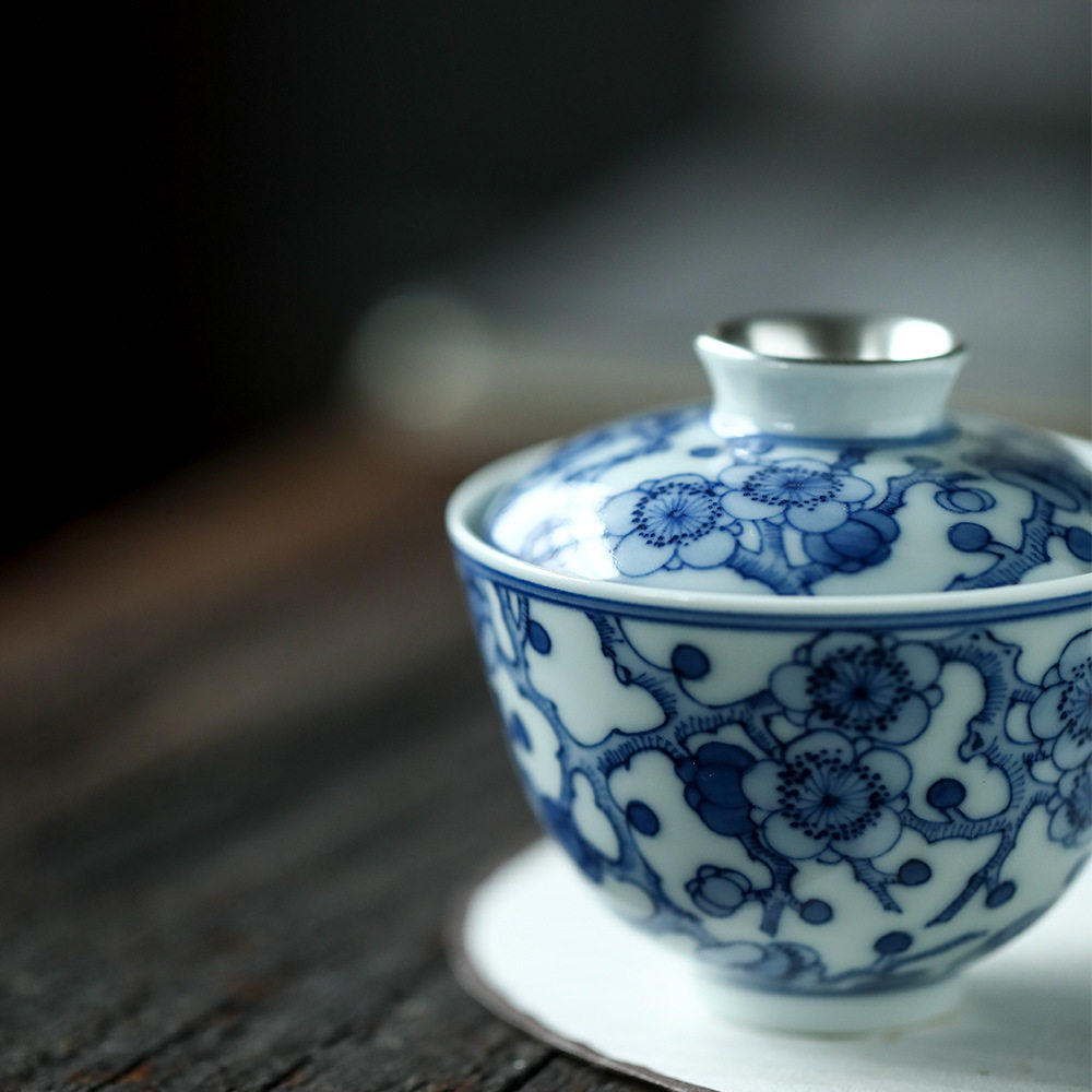 晴先生鎏银茶具手绘青花满梅两才盖碗泡茶碗分茶器盖杯功夫茶道