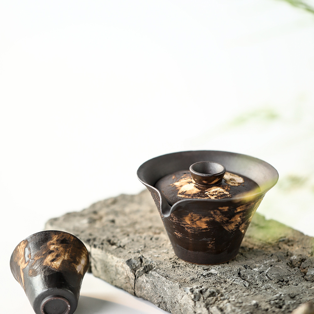 已至锦时系列化妆土盖碗道言手作粗陶侘寂杯斗笠元宝茶碗手抓壶