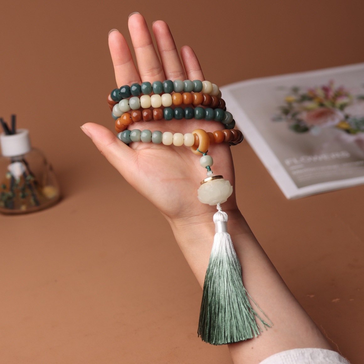 敦煌问天渐变白玉菩提根子手链手串DIY莲花香囊吊坠跑环念持佛珠