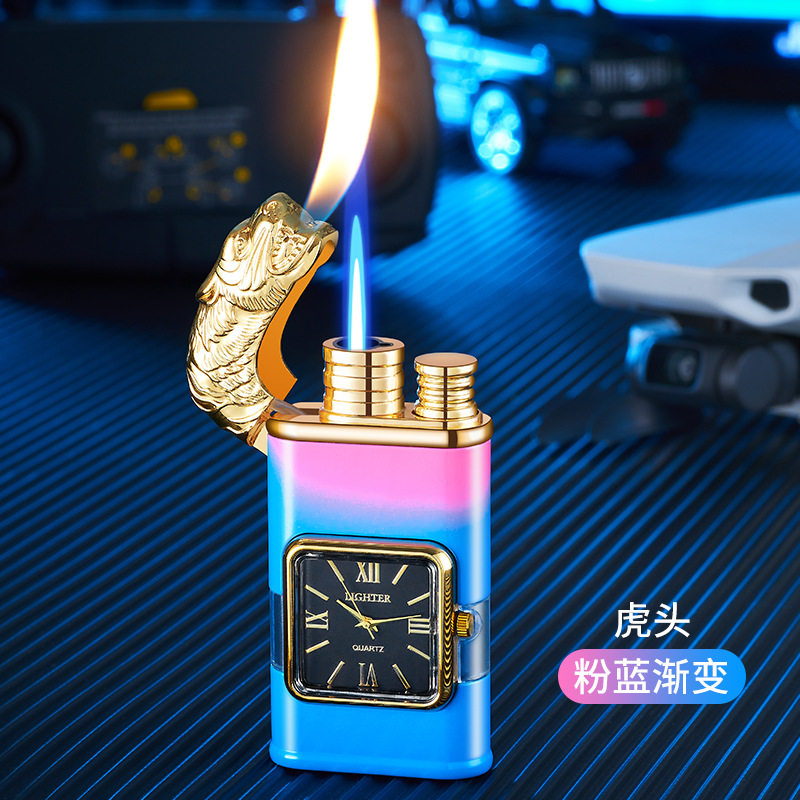 HF618渐变直冲明火双火切换真石英表盘可视气窗充气防风打火机