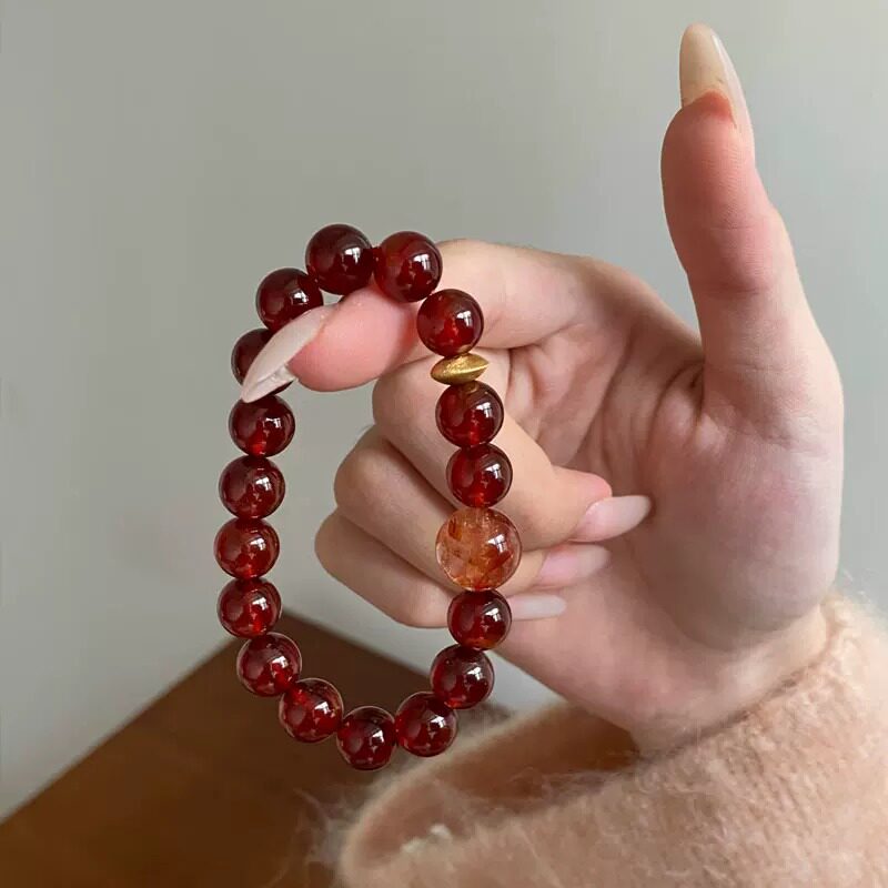 天然橙红石榴石红胶花水晶手串复古感手链女生小众轻奢饰品