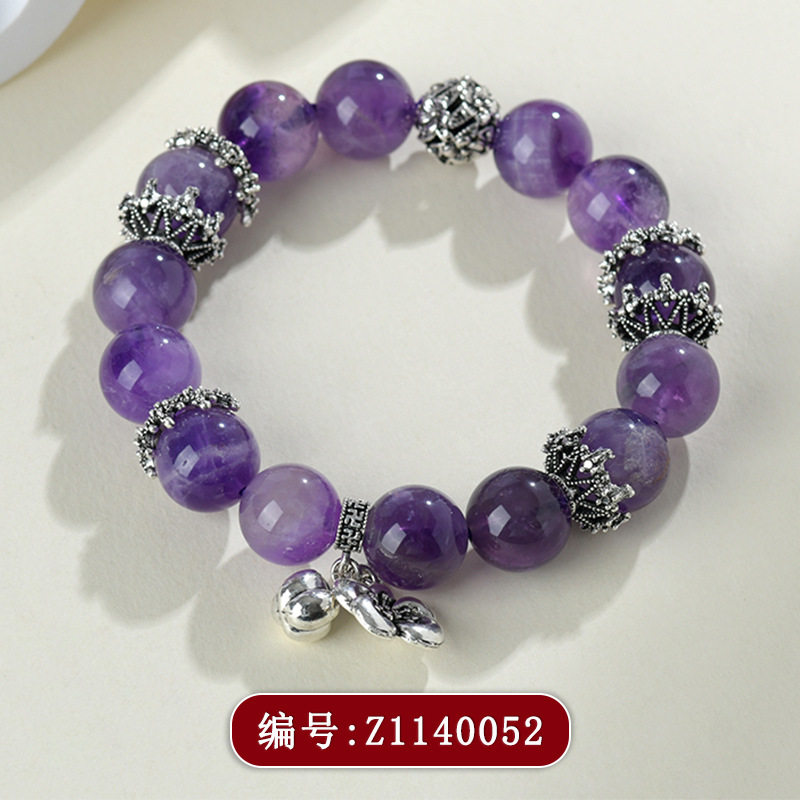 天然紫水晶大颗粒圆珠时尚原创手链做旧桃花吊坠女士手串饰品