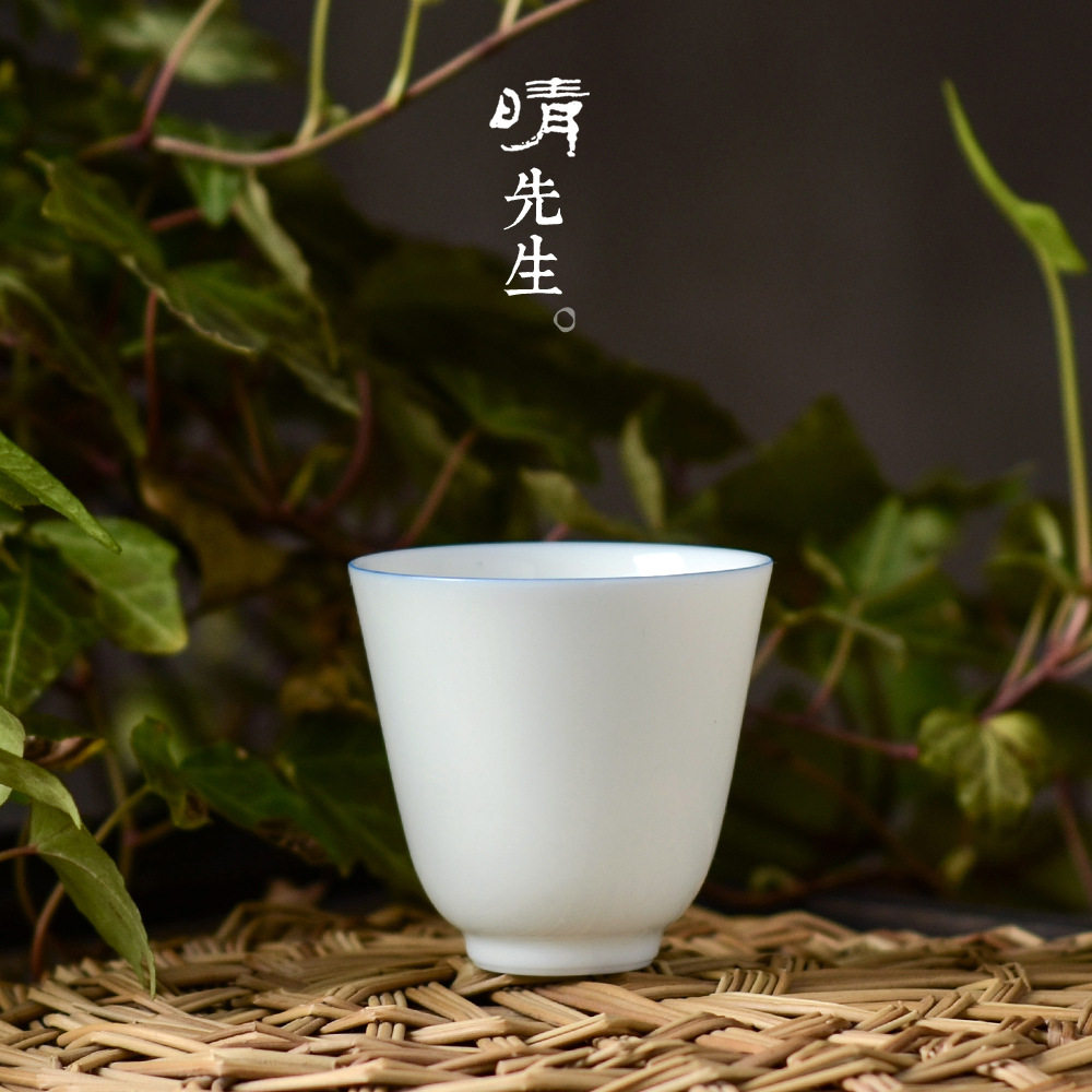陶瓷景德镇功夫茶具主人杯单杯薄胎蓝边甜白玉瓷品茗杯小茶杯
