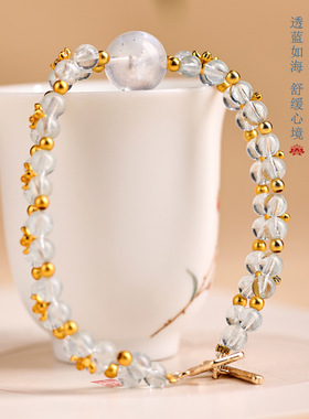 批发天然海蓝宝手工编手排链小众轻奢原创桂花女新款双层手链手牌