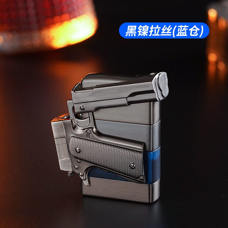 XF2705砂轮点火明火打火机带礼盒包装手枪造型金属充气打火机