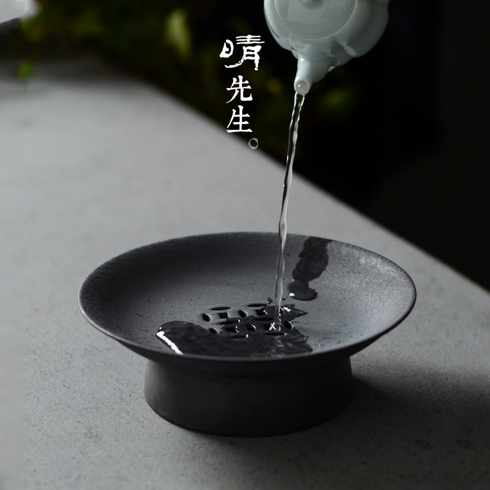 景德镇铜钱纹粗陶手工陶瓷双层蓄水壶承干泡壶承茶盘茶道茶桌配件