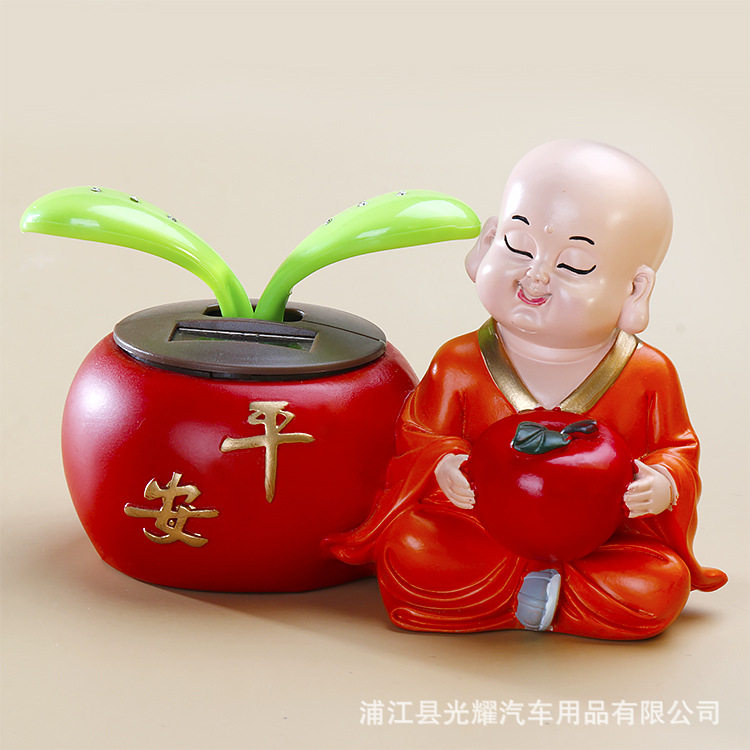 新太阳能小和尚摆件创意树脂彩绘摇摆绿叶灵动可爱香薰摆件