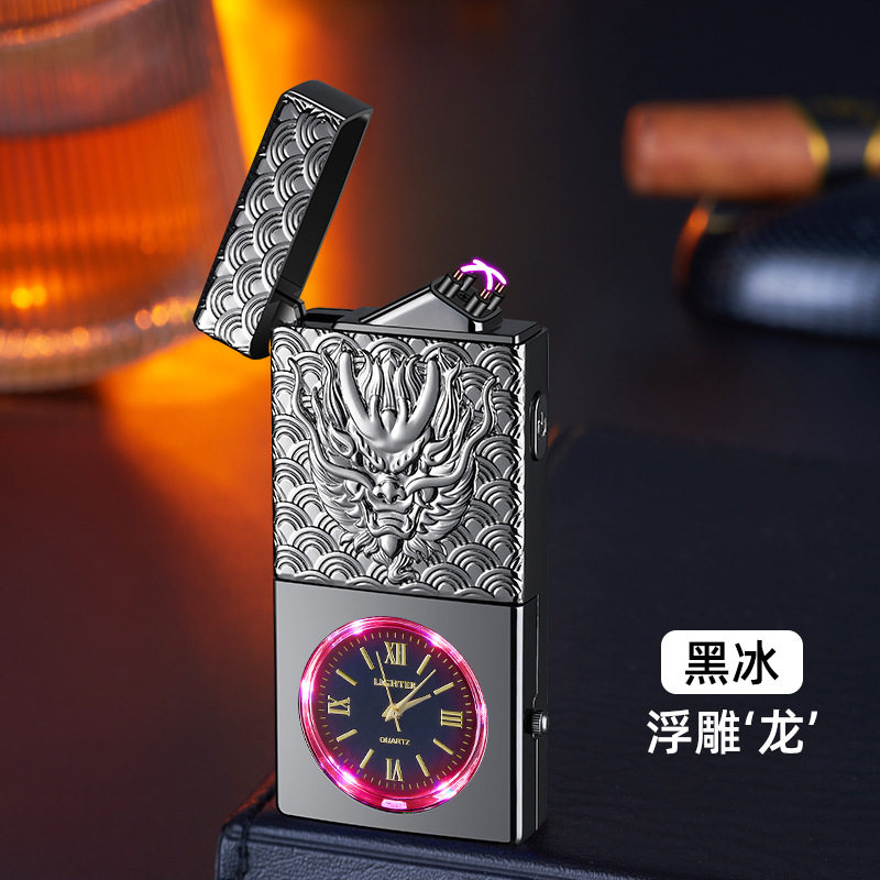 HF2306真石英手表浮雕双电弧点烟器usb充电防风呼吸彩灯打火机