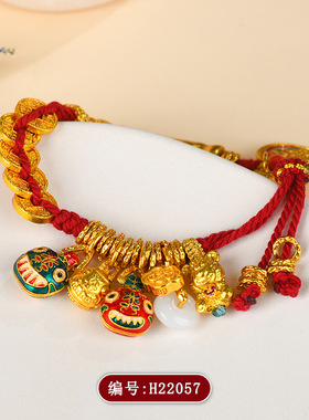 黄财神五帝钱盘缠手链国潮红手绳古法工艺手工黄金色沙金编织