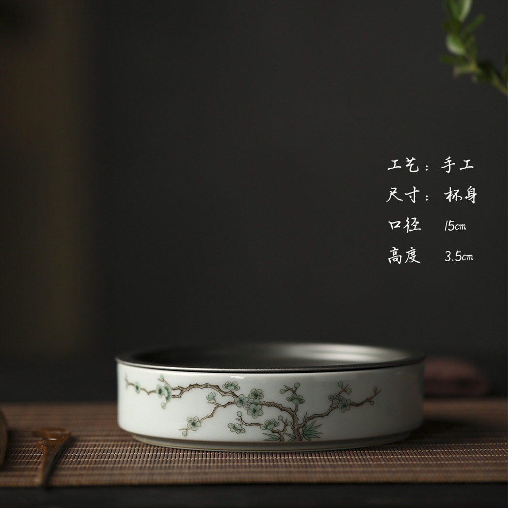 双层茶盘景德镇云由山坊手绘绿梅陶瓷壶承古彩工艺储水茶盘锡盖