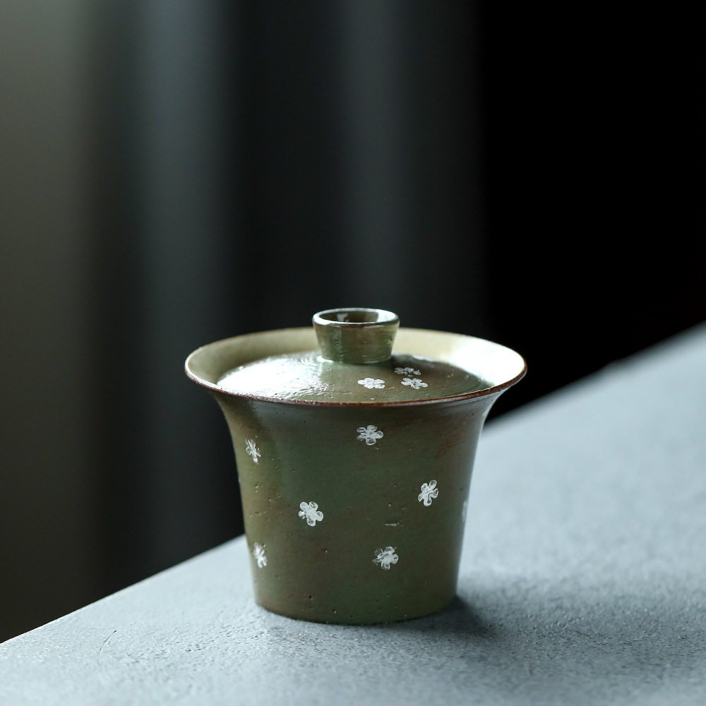 晴先生鎏银薄胎手绘盖碗紫砂粗陶茶碗香叶绿系列·景德镇传统茶具