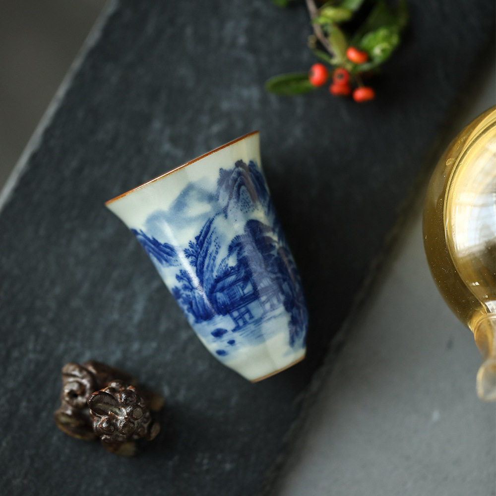 晴先生手绘汝窑山水闻香杯陶瓷主人杯茶杯杯子个人杯可养开片汝瓷