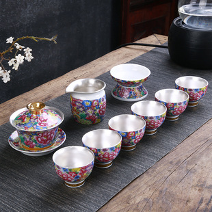 陶瓷包银999茶具套装景德镇扒花粉彩珐琅彩整套盖碗6品茗杯银套组