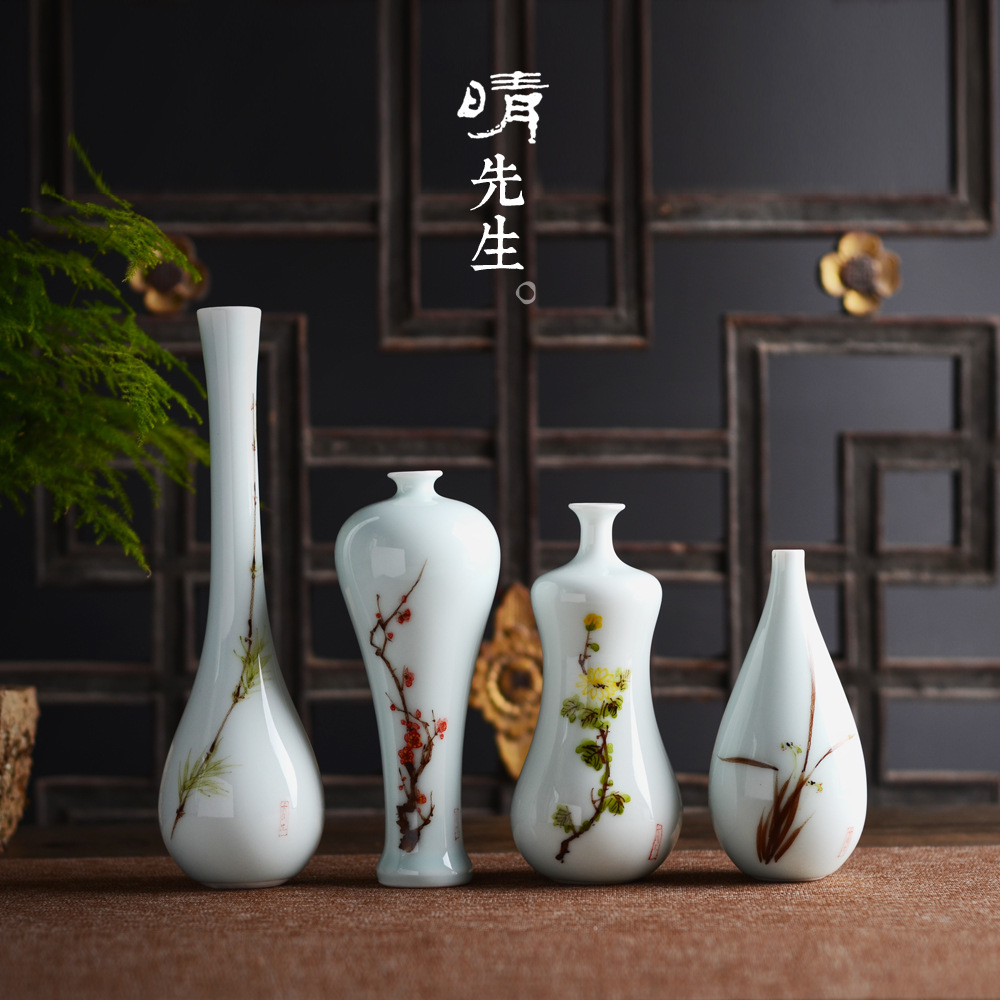 景德镇陶瓷花瓶创意摆件手绘荷花白瓷瓶观音玉净瓶简约水培花器