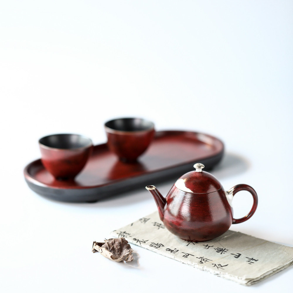 晴先生故宫红温润手绘窑变茶壶复古泡茶器日式粗陶功夫茶具带壶承