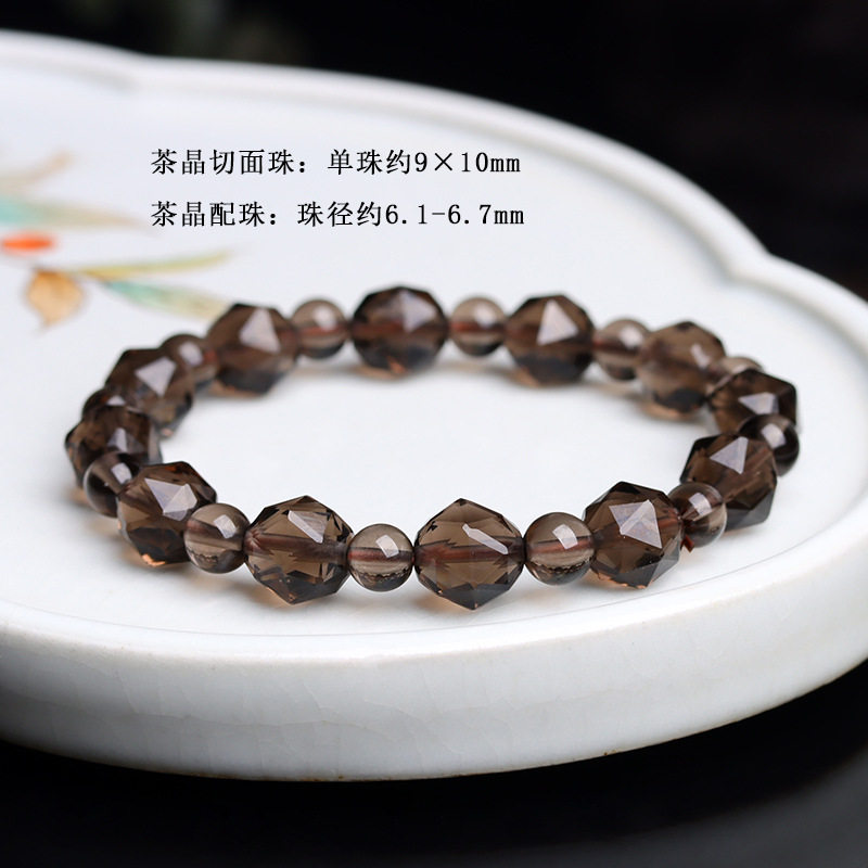 天然水晶茶晶切面珠单圈手串刻面烟晶冰透原石切割男女士手链