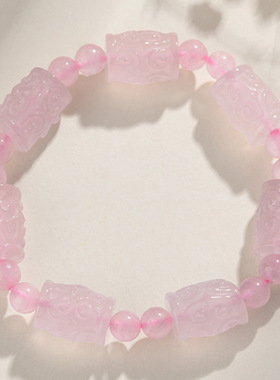 天然水晶清新新中式女士款原创手串饰品定制粉晶回纹桶珠手链