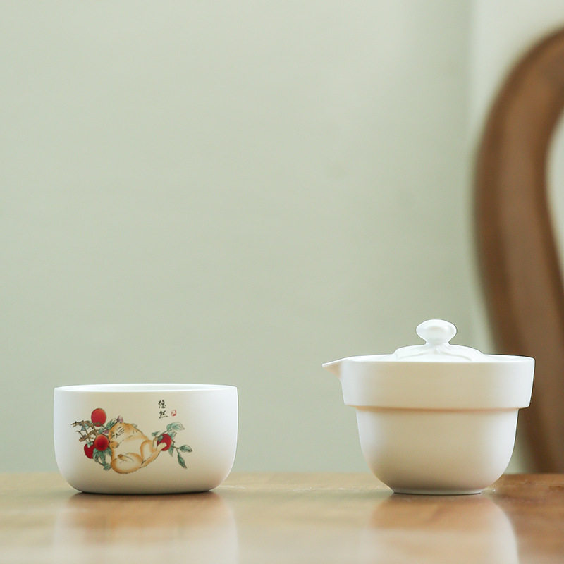 猫咪旅行茶具套装玻璃盖碗单人户外便携式陶瓷快客杯一壶一杯