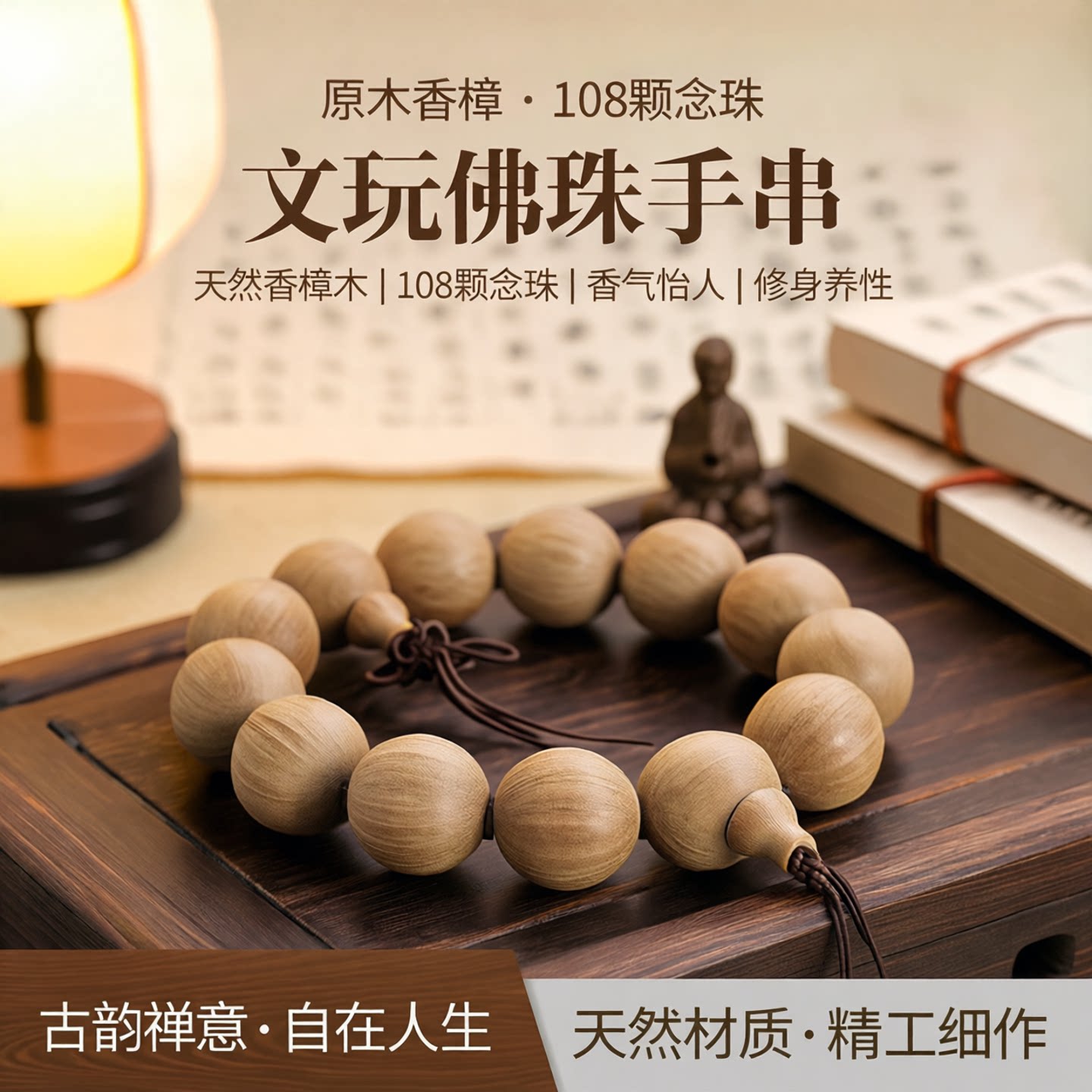 原木原色香樟木佛珠2.0手串文玩108颗念珠香气怡人念珠饰品