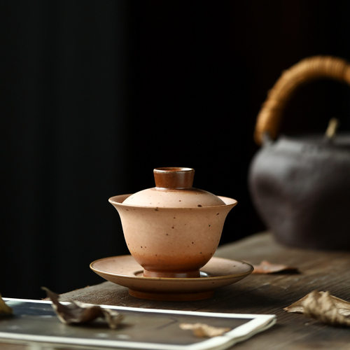 晴先生日式纯手工粗陶三才大茶碗火痕哑光黄盖碗柴烧厚胎功夫茶具