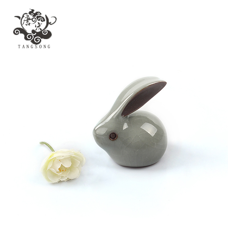 哥窑玉兔开片茶宠汝窑精品生肖茶宠摆件创意功夫茶具茶道六君子