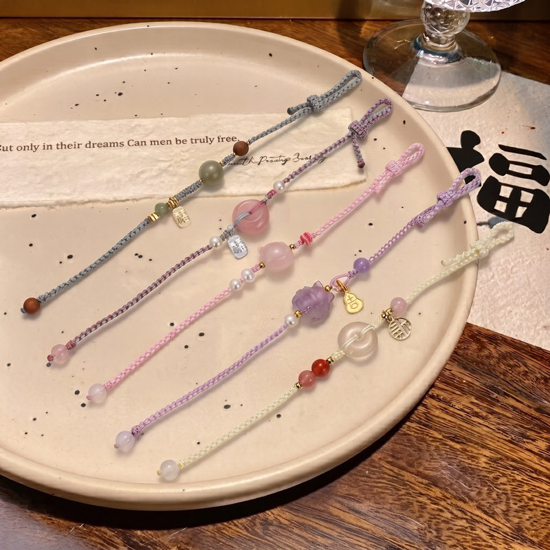 天然石粉水晶手链简约百搭纯手工编织手绳平安扣清新甜美编绳手链