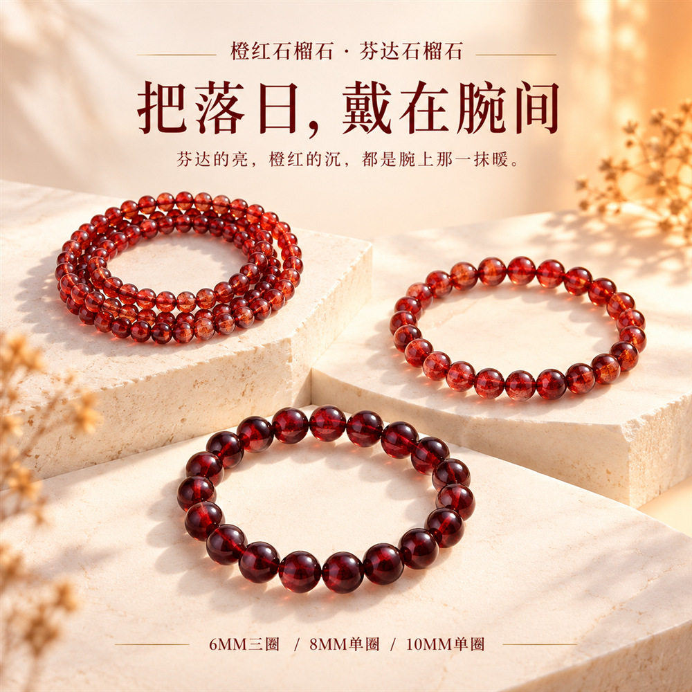 天然7A透体橙石榴石圆珠手链女小众简约女人石新中式手串工厂直销
