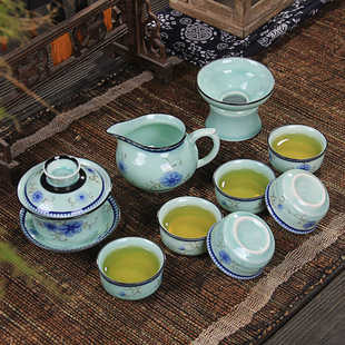 手绘青瓷陶瓷茶具礼品套装 哥窑青瓷功夫茶具价格含礼盒