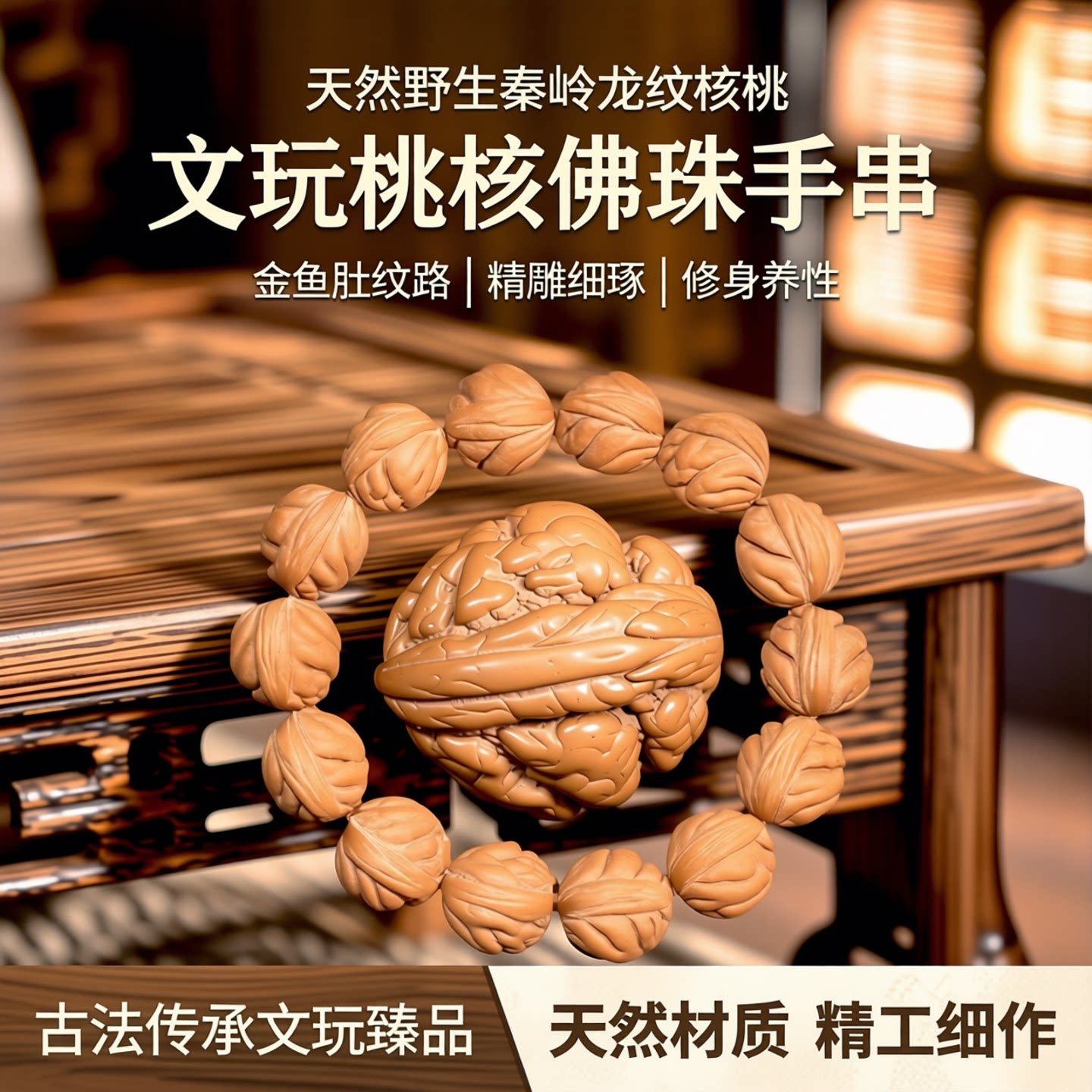 天然然野生秦岭龙纹小核桃核佛珠手串单圆 特色金鱼肚文玩桃核