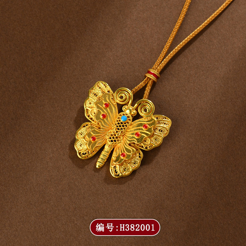 韦雪同款古法黄金色沙金珐琅花丝蝴蝶项链吊坠流光蝶影毛衣链