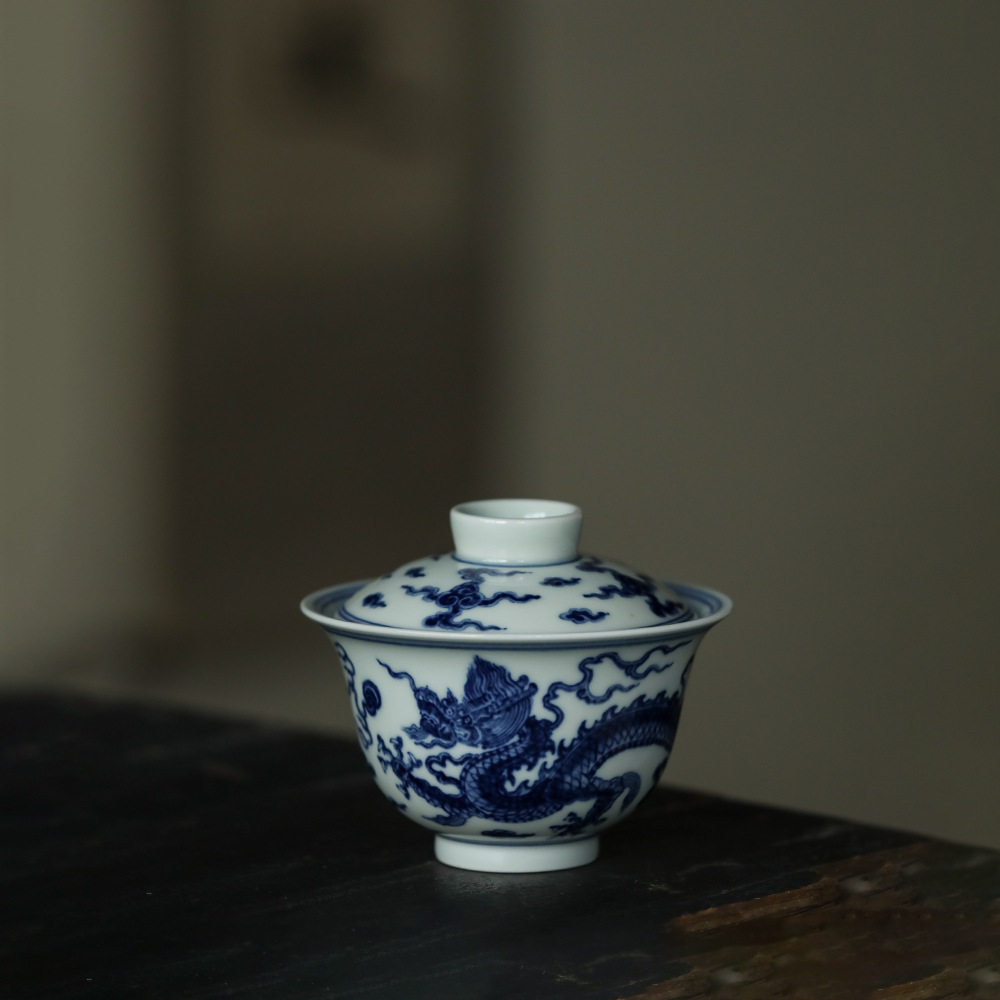 柴窑手绘重工老料青花双龙戏珠二才盖碗150ml景德镇陶瓷功夫茶具