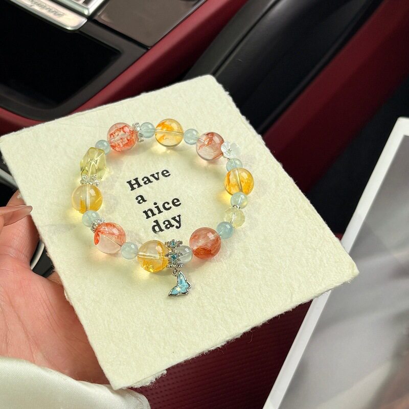 【黄昏之恋】原创水晶手串红胶花黄胶花海蓝宝百搭自然女款手饰品