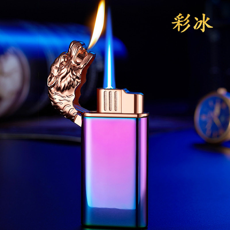 新浮雕虎头双火防风明火转换金属打火机可激光雕刻广告打火机