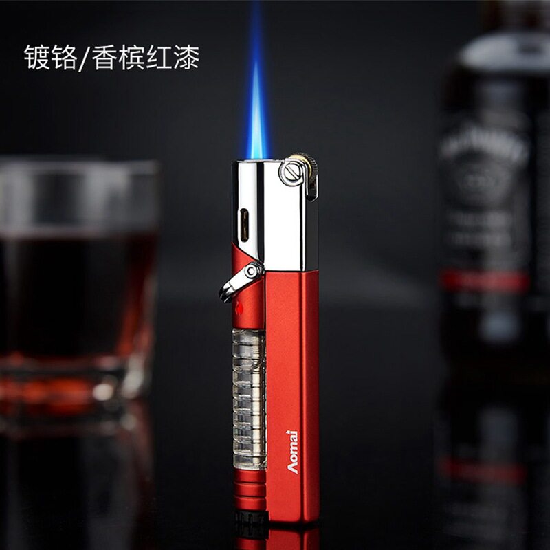 个性侧滑砂轮点火直冲蓝色火焰防风打火机定火开关可视气箱AM7108