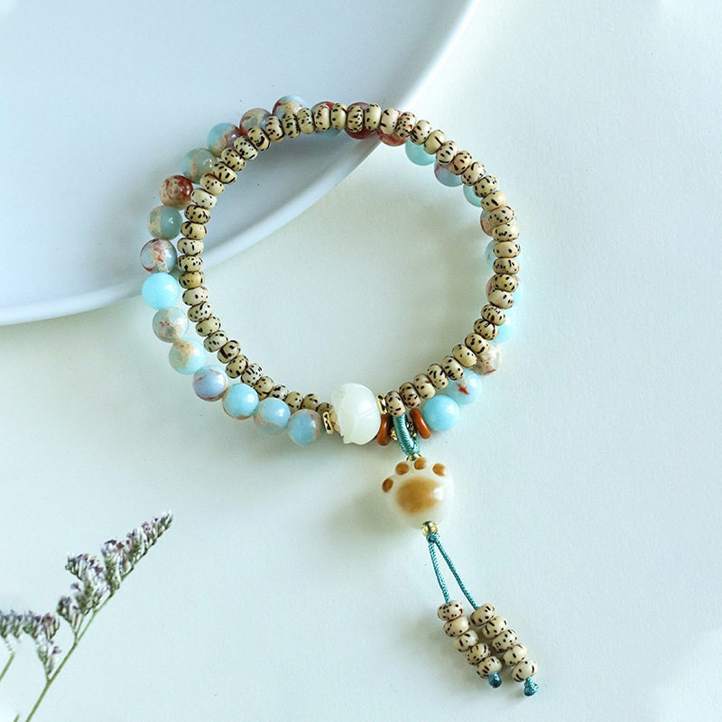 星月菩提炭烧猫爪双圈串珠手链女寿山石文玩手串手饰民族风