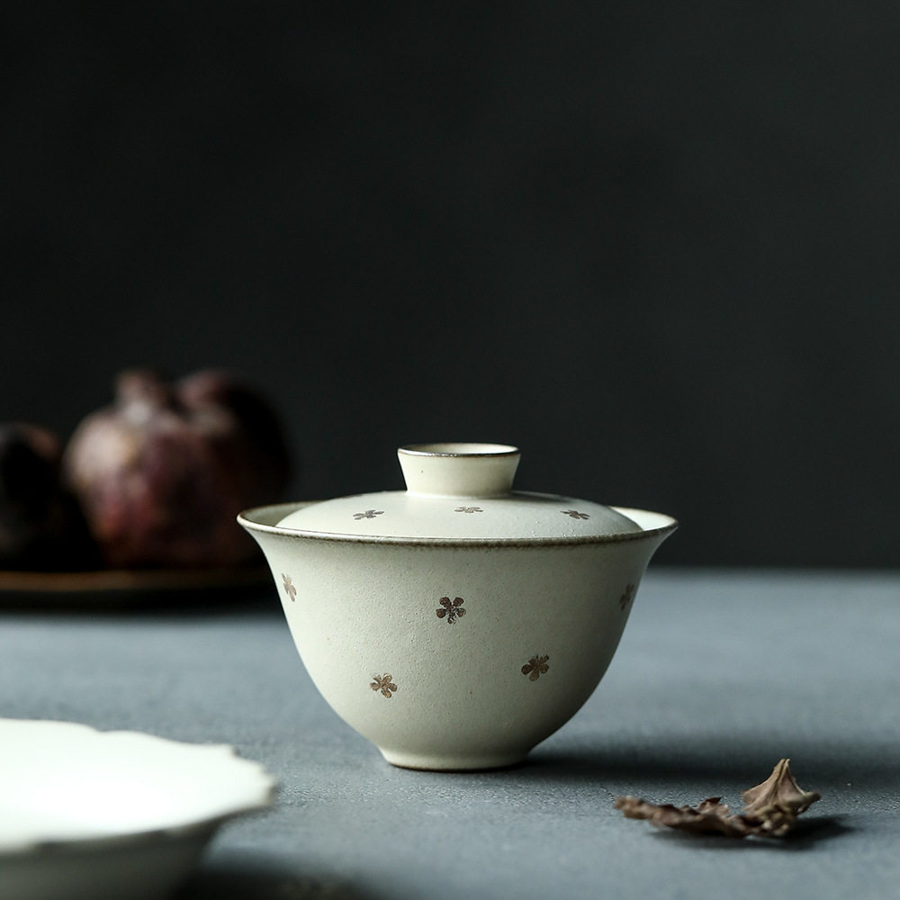 晴先生鎏银桃花手绘开片粉引盖碗化妆土磨砂茶碗手工主泡器120ml