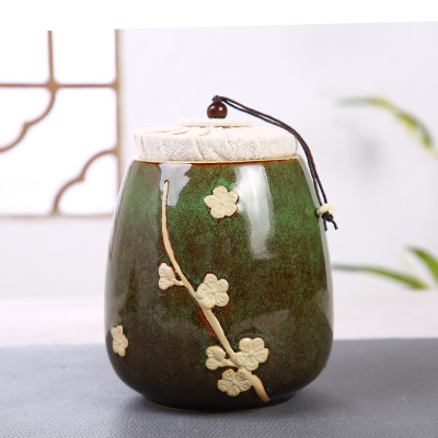 特色梅花浮雕陶瓷茶叶罐钧窑两种大小实用茶具配件