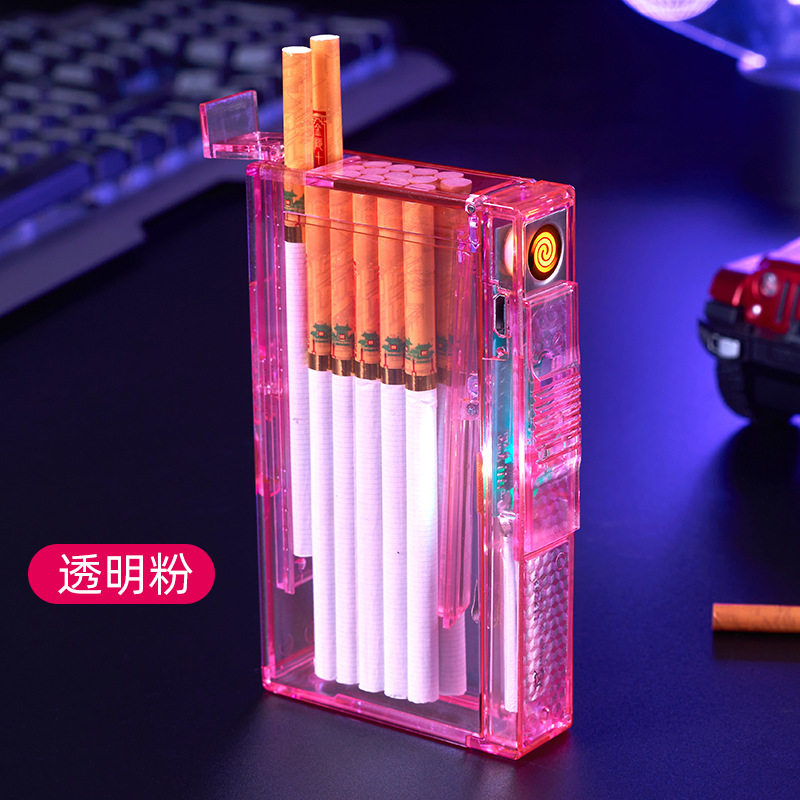 新款透明烟盒自动弹烟细烟二十支装带钨丝点烟器抖音网红