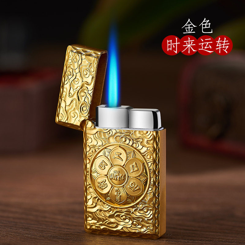 浮雕关公朗声直冲打火机防风蓝色火焰钢音个性创意打火机