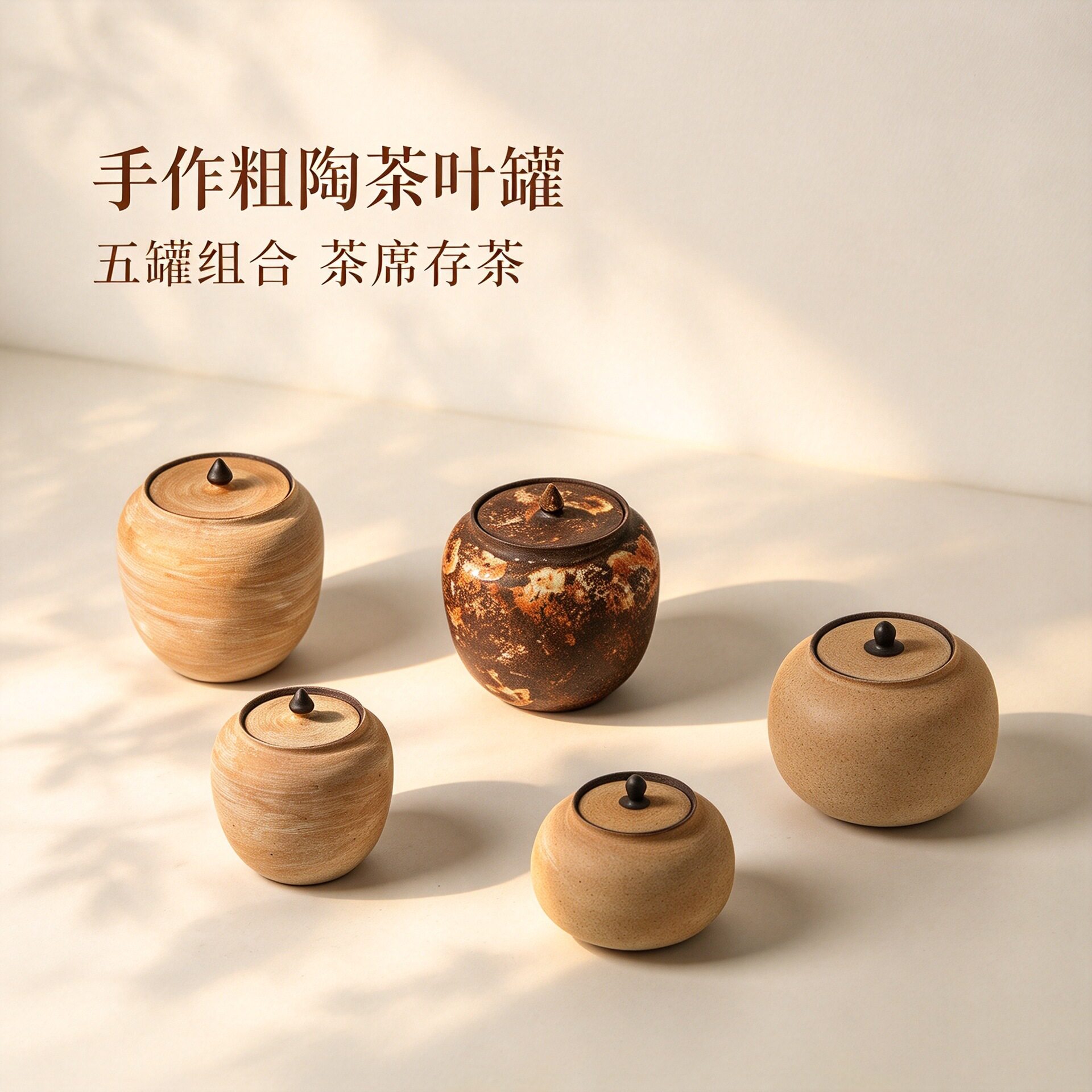 手作粗陶茶叶罐复古窑变纹理密封储物罐家用普洱防潮茶仓茶具组合