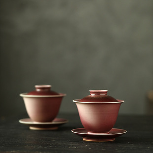 窑变桃粉色盖碗无托盖碗景德镇手工溪红盖碗女士泡茶碗三才碗