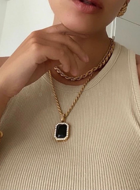 WBW欧美黑玛瑙方形镶钻宝石复古时尚麻花链条ins博主项链锁骨链女