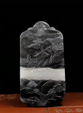 新疆和田玉青花籽料山水意境手把牌天然玉石黑白分明苏工把玩件