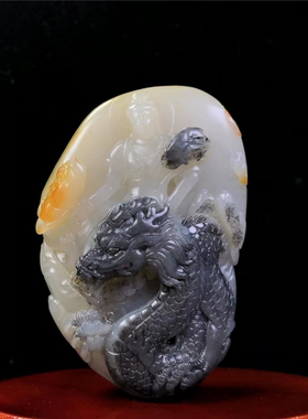 新疆和田玉青花籽料御龙观音手把件天然玉石苏工巧雕把玩件