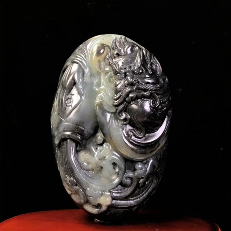 新疆和田玉青花籽料钟馗醉酒手把件天然玉石黑白分明苏工把玩件