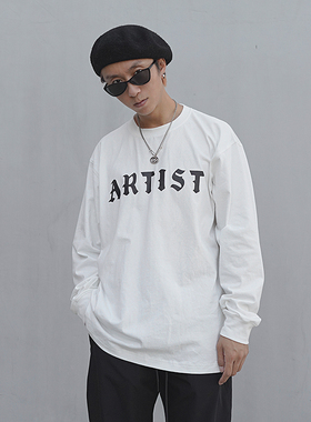 THE V BRAND美式街头原创哥特字体重水洗裂纹印花宽松休闲长袖T恤