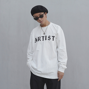 街头原创哥特字体重水洗裂纹印花宽松休闲长袖 BRAND美式 T恤 THE