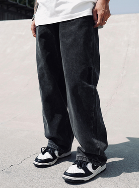 THE V BRAND美式街头嘻哈潮流黑色水洗宽松直筒阔腿百搭牛仔裤